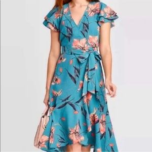 Blue Floral Midi Wrap Dress